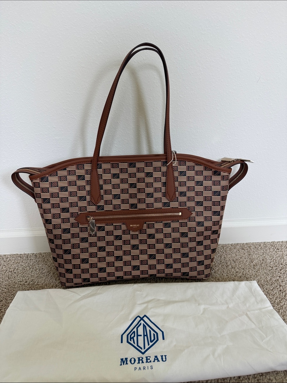 Tan Woven-Pattern Tote with Leather Trim 17 inch wide